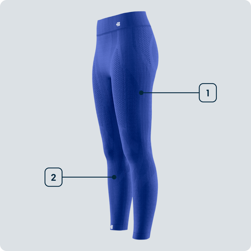 Seitliche Ansicht einer blauen Kompressionstight für Damen mit markierten Funktionszonen an Oberschenkeln und Waden – technische Darstellung der muskelunterstützenden Struktur.