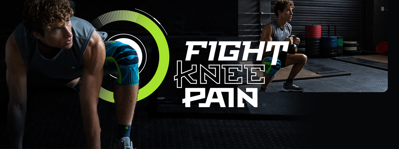 Fight Knee Pain Fight Knee Pain Promo banner mit einem Mann, welcher Fitnessübungen macht bei denen er eine Kniebandage trägt