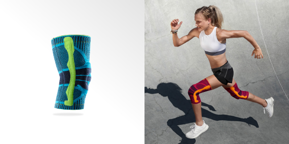 Zweiteiliges Bild aus Sports Knee Support von der Seite links und Frau	 die mit Knee Support über einen Betonboden rennt rechts