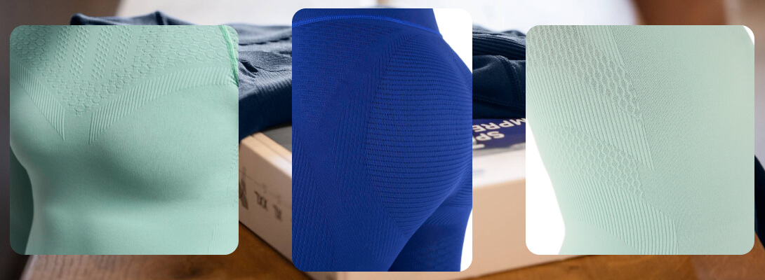 Jedes Detail zählt – Kompression, spürbar bis ins Gewebe Drei Detailaufnahmen von mintfarbenen und blauen Kompressionsshirts und -tights, die die strukturierte Materialoberfläche und die unterschiedlichen Funktionszonen für gezielte Muskelunterstützung zeigen – aufgenommen in natürlicher Umgebung.
