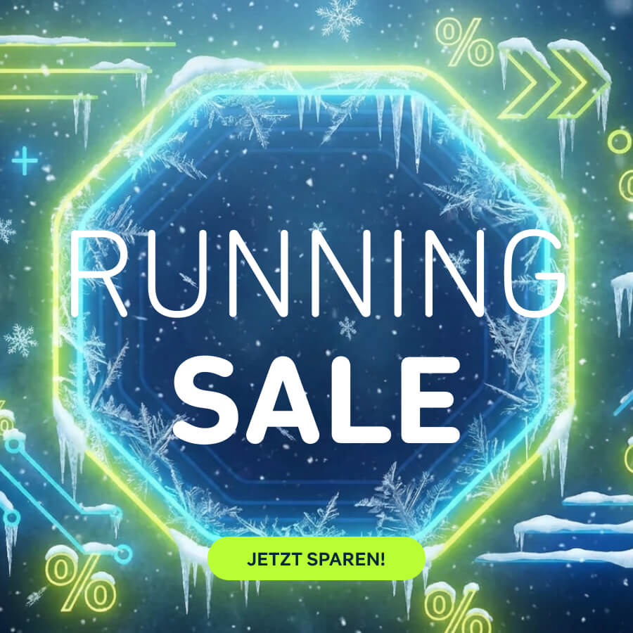 Grafische Darstellung eines winterlichen Running-Sale-Motivs mit Eis- und Schneeelementen. In der Mitte steht der Schriftzug „Running Sale“, ergänzt durch Prozent-Symbole und winterliche Designelemente.