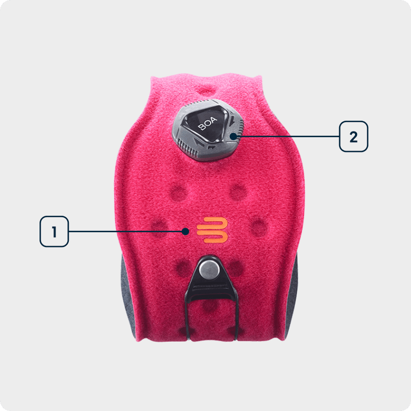Technologiegrafik Sports Elbow Strap Seitenansicht eines roten Ellbogen Straps bei der die einzelnen verwendeten Technologien angezeichnet sind