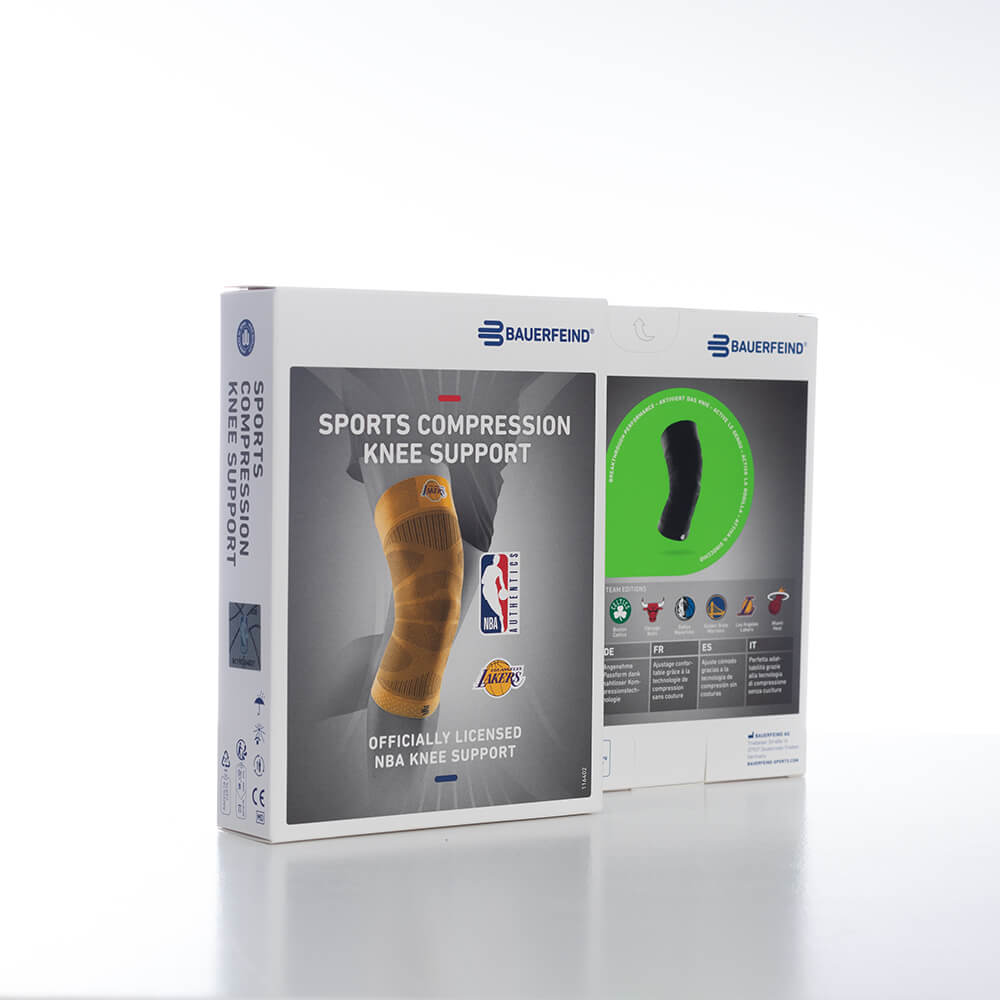 Compression Knee Support NBA Verpackung Lakers Verpackungsbild der gelben Knee Sleeves NBA