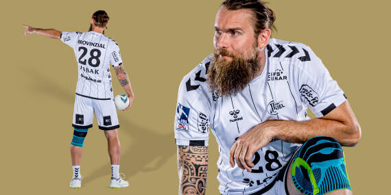 Handballer vom THW Kiel in Bildmontage von vorn und hinten mit der Sports Knee Support