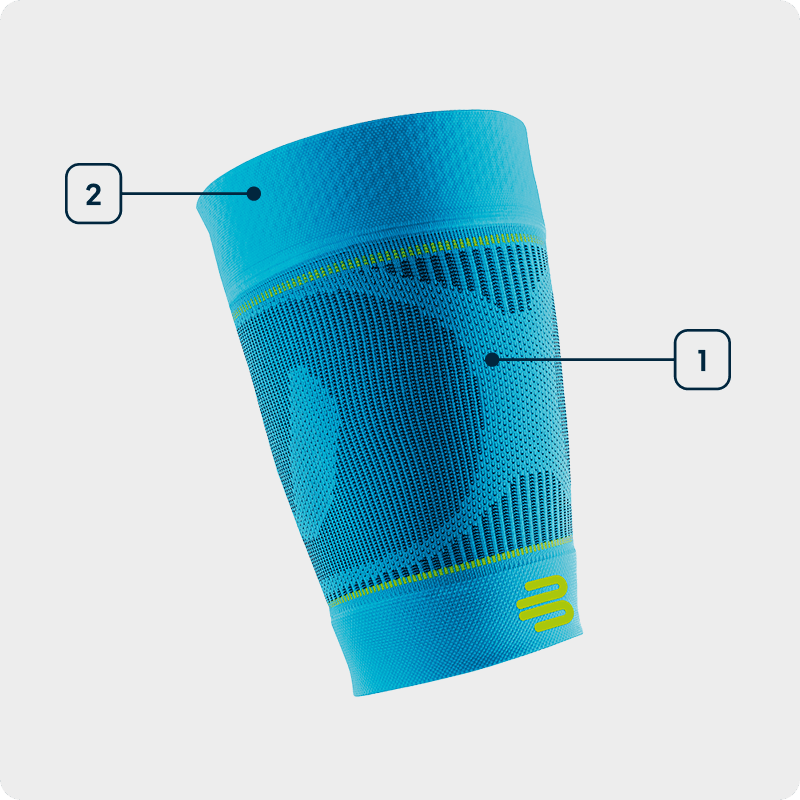 Technologiegrafik Sports Upper Leg Sleeves Seitenansicht eines blauen Kompressions-Sleeves bei der die einzelnen verwendeten Technologien angezeichnet sind