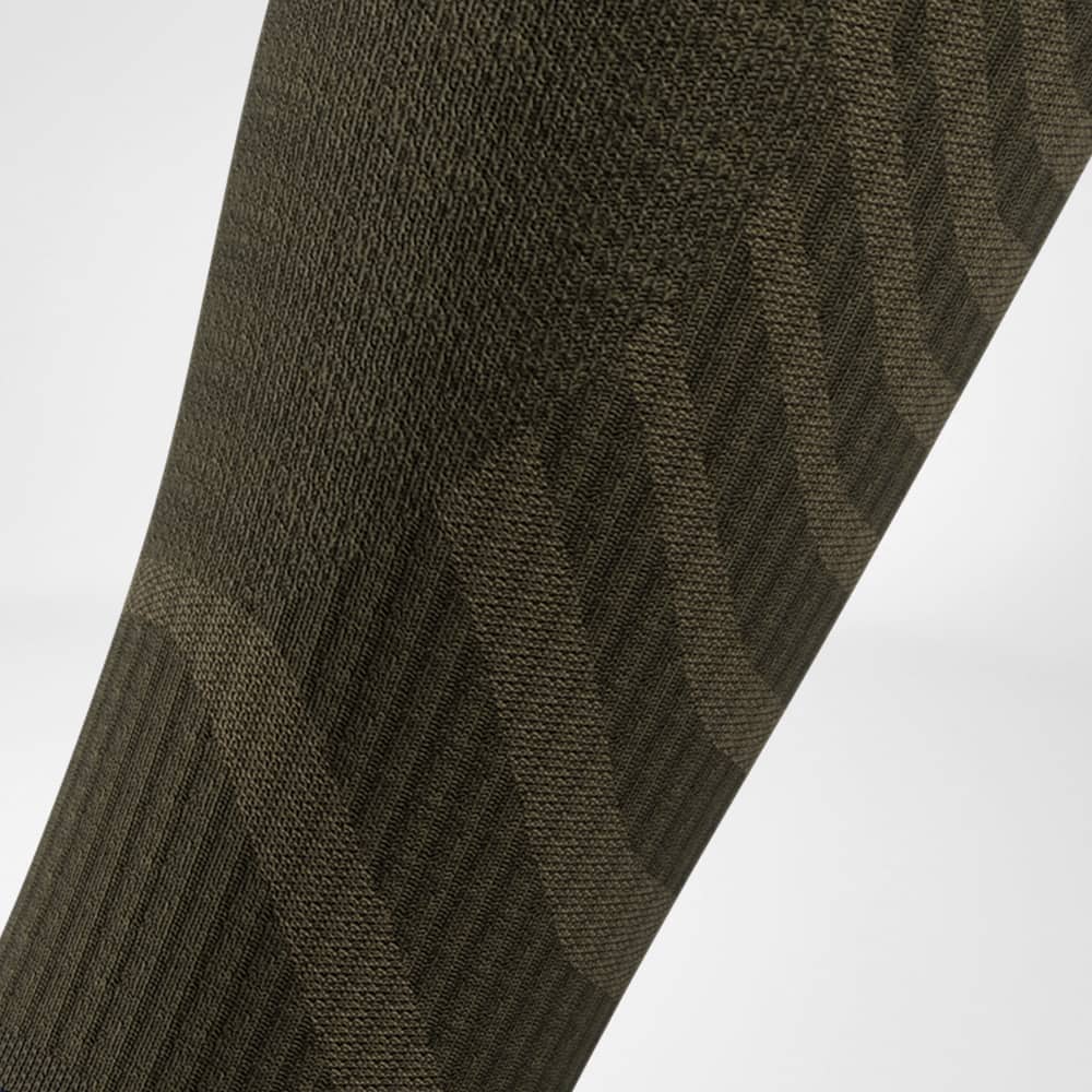 Merino-Wandersocken dunkelgrün Detail Compression Zones Detailansicht des Wadenbereiches der Merino-Wandersocken in dunkelgrün