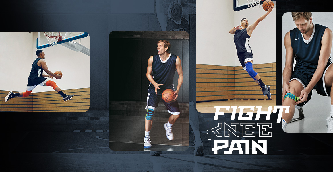 Bildercollage mit Dirk Nowitzki und anderen Basketballern bei Korblegern mit Textlogo "Fight Knee Pain"