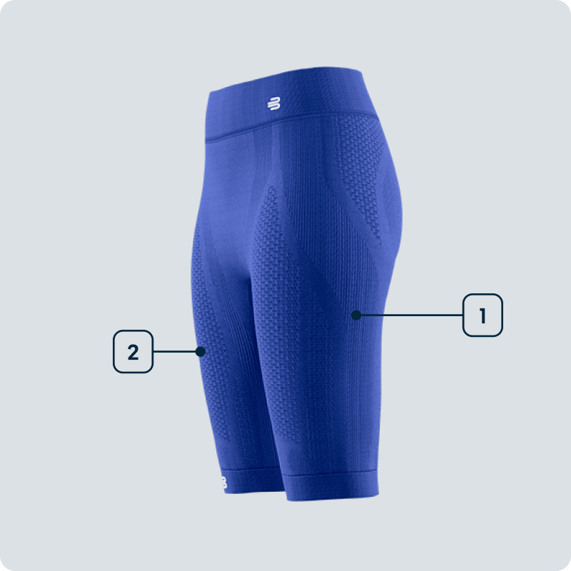 Seitliche Ansicht einer blauen Kompressionsshort für Damen mit markierten Funktionszonen an Gesäß und Oberschenkeln – Darstellung der gezielten Muskelunterstützung.