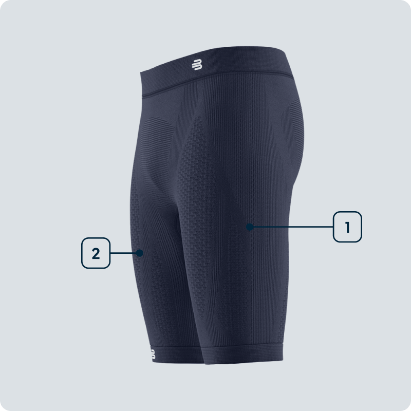 Seitliche Ansicht einer schwarzen Kompressionsshort für Herren mit markierten Zonen zur Muskelunterstützung an Oberschenkeln und Gesäß – Darstellung der funktionellen Passform.