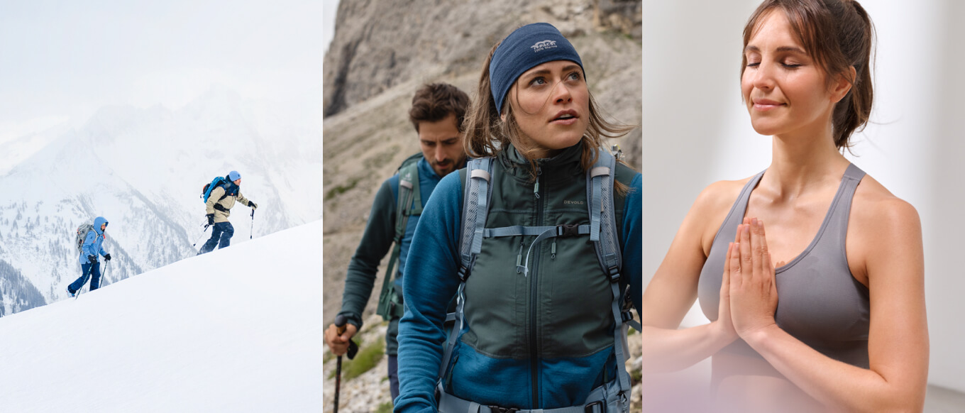 Fühle die Kraft: mit Outdoor-Abenteuern, Skifahren, Yoga und mehr Grafik ohne Text: Links Skitourengeher, in der Mitte ein Wanderer, rechts eine Frau in Yoga-Haltung.
