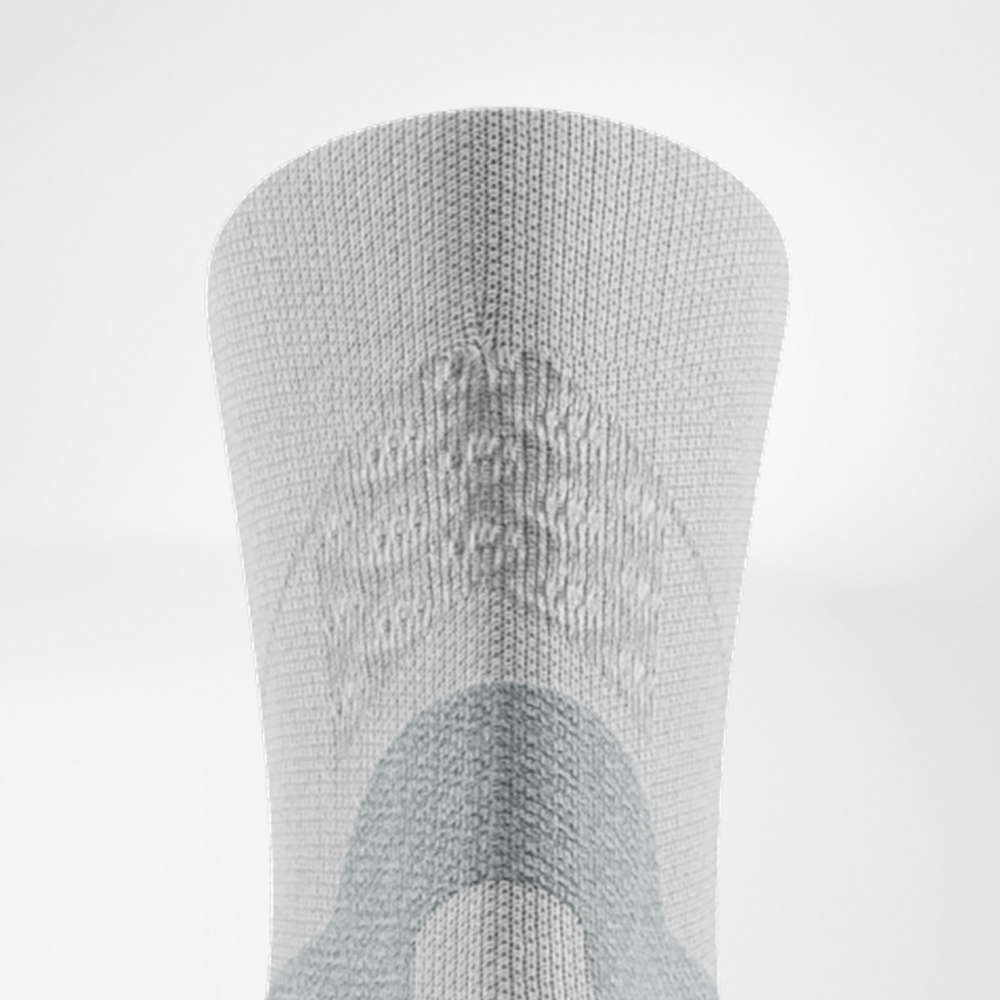Nahaufnahme der Rückseite der weißen Run Performance Midcut Socke: graue Achillessehnen‑Komfortzone, gestrickte 3D‑Dots am Bündchen und stützende Strickzonen an der Wade.