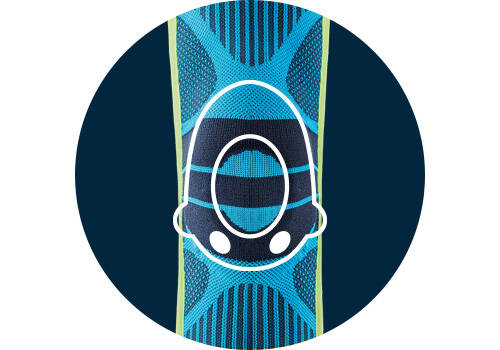 Effektive Schmerzreduktion und Verletzungsprophylaxe mit der Sports Knee Support und dem Omega Pad Frontalaufnahme des Mittelteils der Sports Knee Support auf dunkelblauem Grund mit der stilisierten Zeichnung der Pelotte