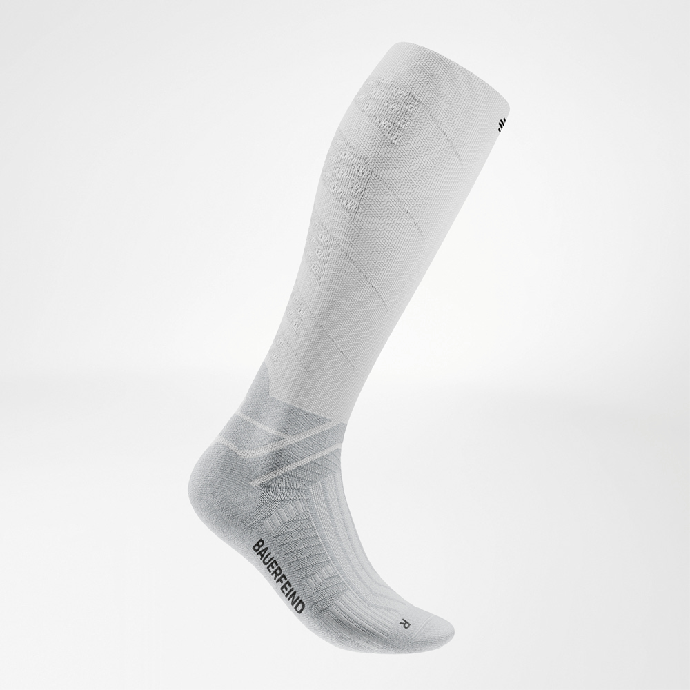 Seitenansicht der weißen Run Performance Socks Long, rechte Socke mit sichtbaren Kompressionszonen und markanter Struktur am Spann.