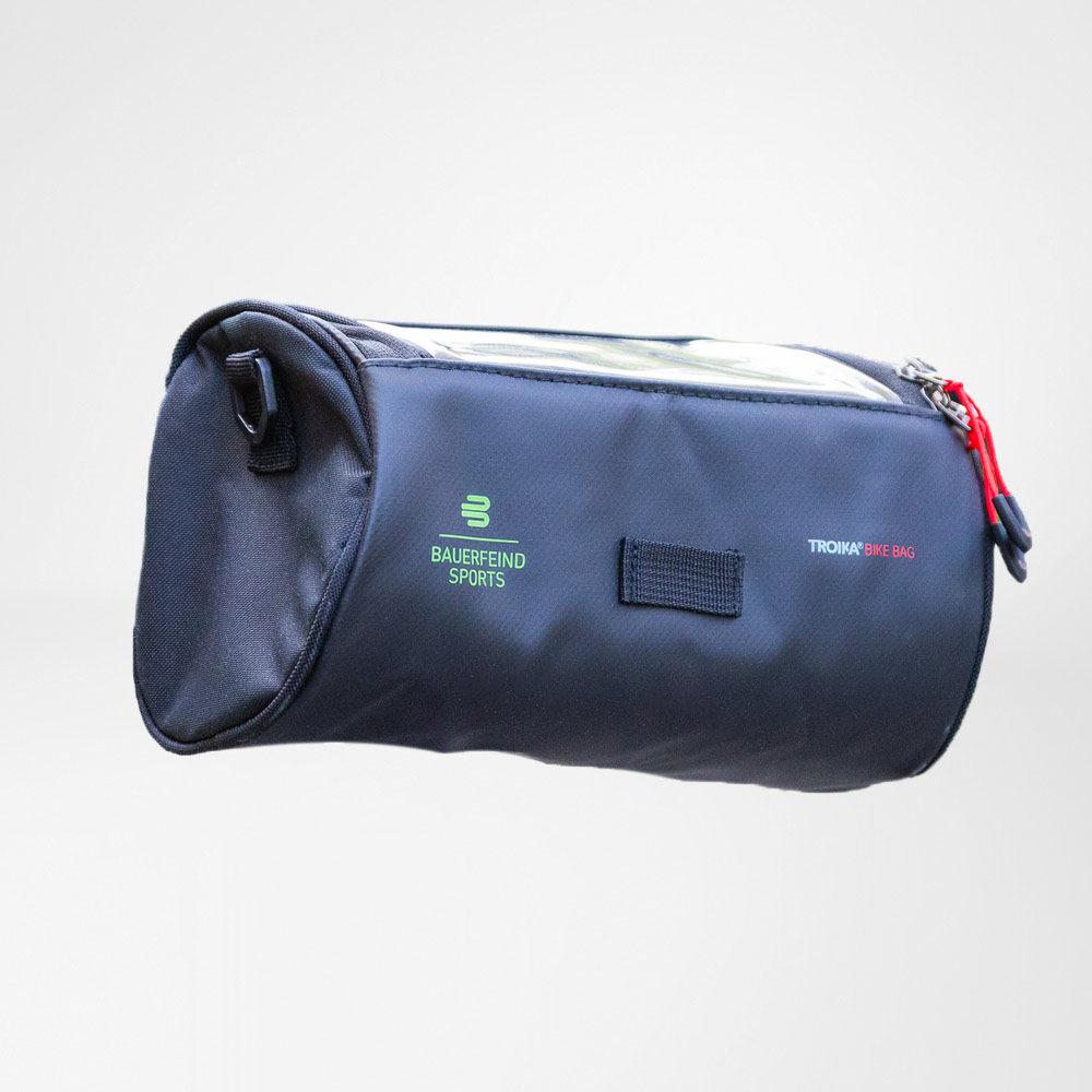 Dunkelblaue Bauerfeind Sports Bike Bag mit grünem Logo – praktische Aufbewahrung für dein Equipment unterwegs.