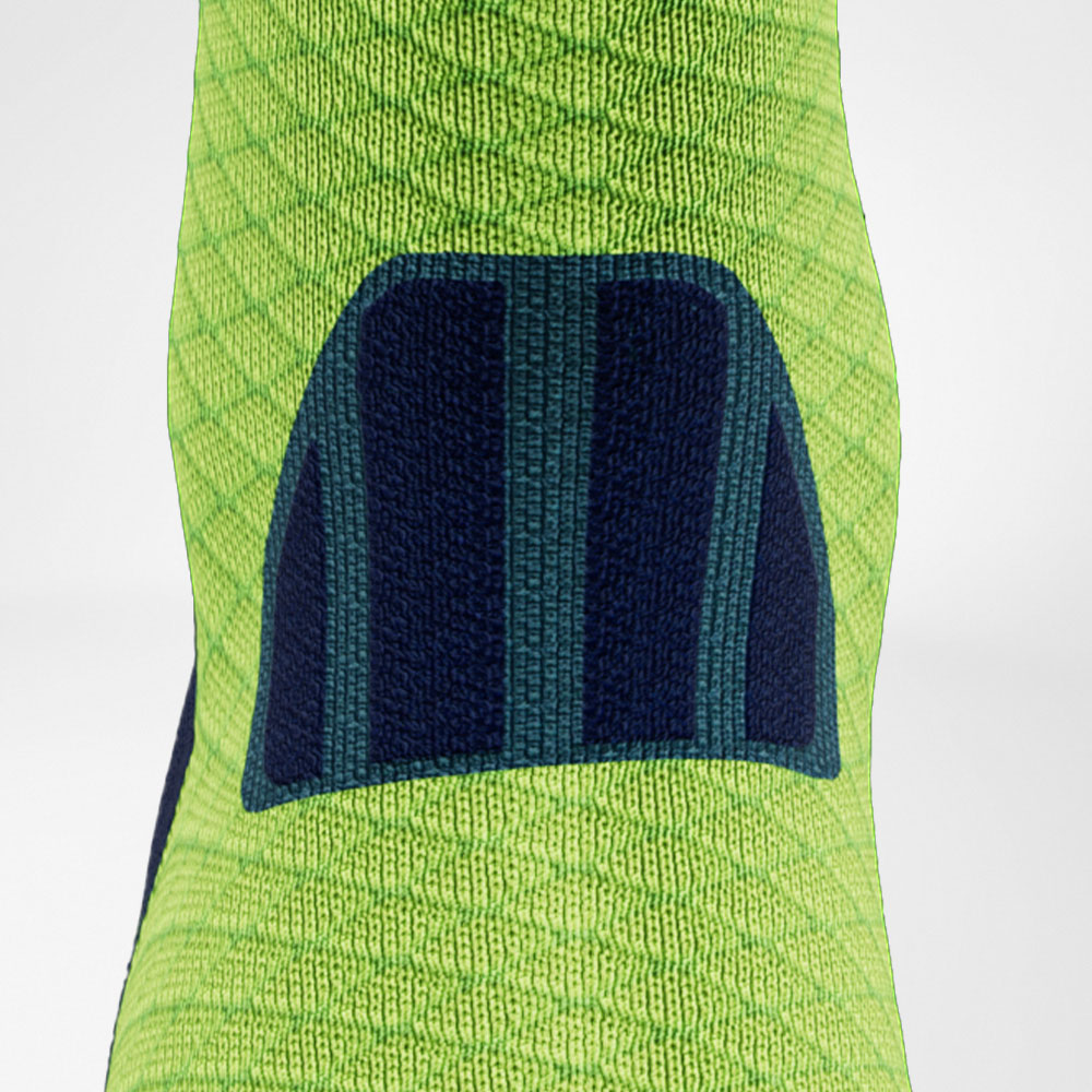 Trailrun-Laufsocken blau-grün Detail Achilles Comfort Detailansicht des Achillessehenbereiches der blau-grünen Trailrun - Laufsocken