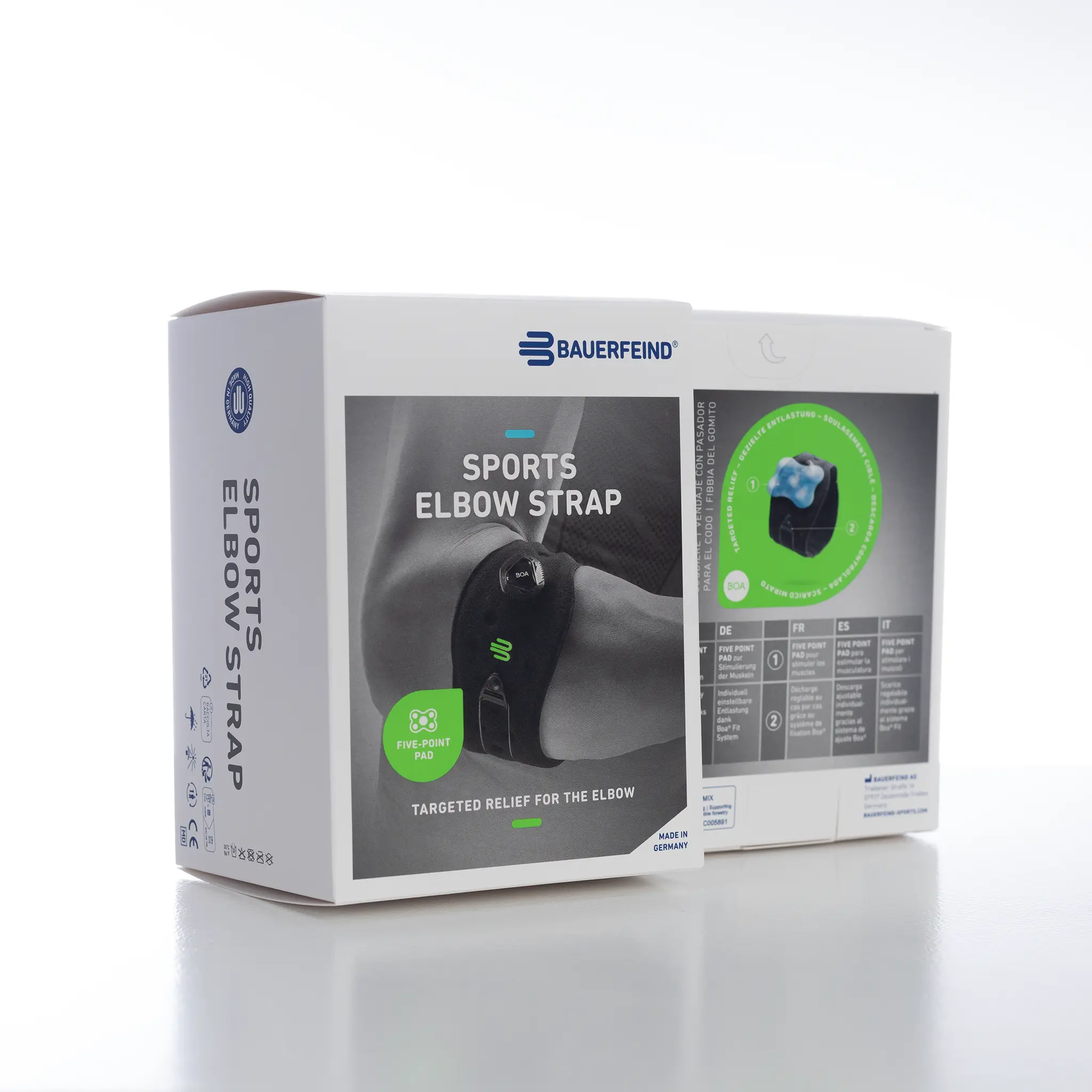 Elbow Strap Verpackung Verpackungsbild der Sport Elbow Strap mit schwarzem Produktbild