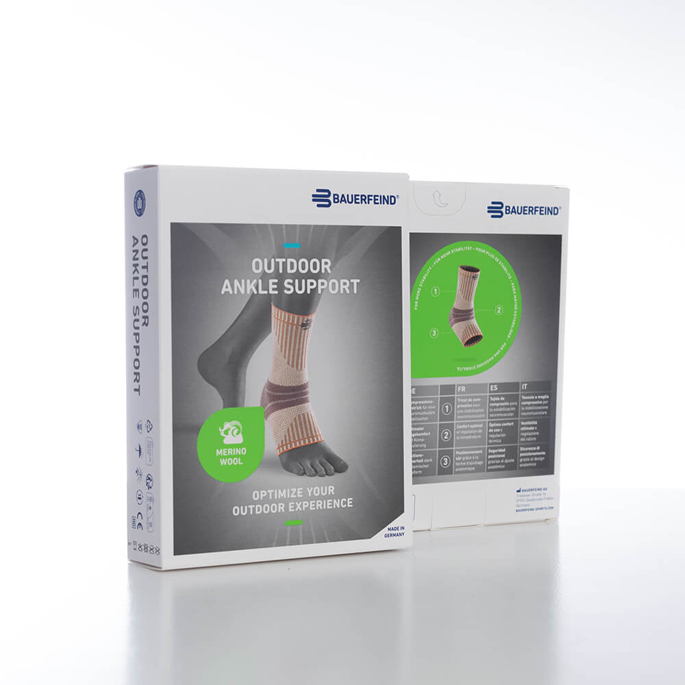 Verpackung Wander Knöchelbandage Verpackung der Wander Knöchelbandage mit Merinowolle für verbesserte Stabilität und Komfort beim Wandern und Sport
