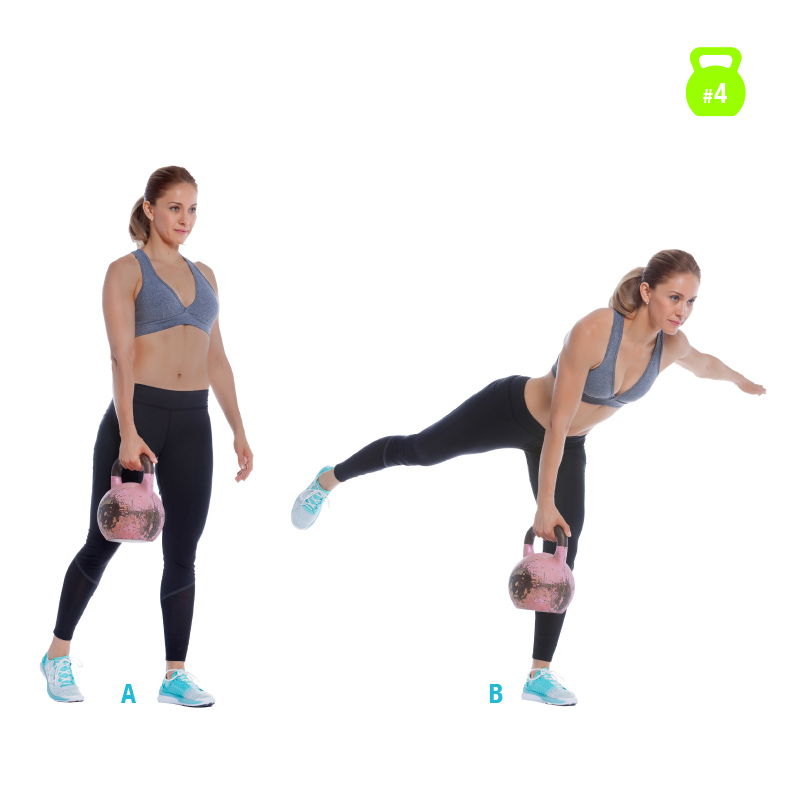 One Leg Row mit der Kettlebell Frau macht einen One Leg Row mit der Kettlebell