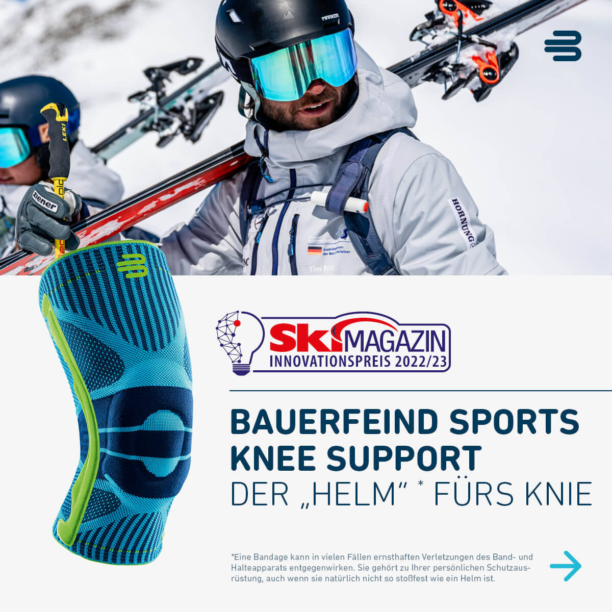 Die Bauerfeind Sports Knee Support: Ausgezeichnet von den Leser*innen des SkiMagazins Bildcollage: Skifahrer trägt seine Skier auf der Schulter oben und Kniebandage mit Award-Logo und Text unten