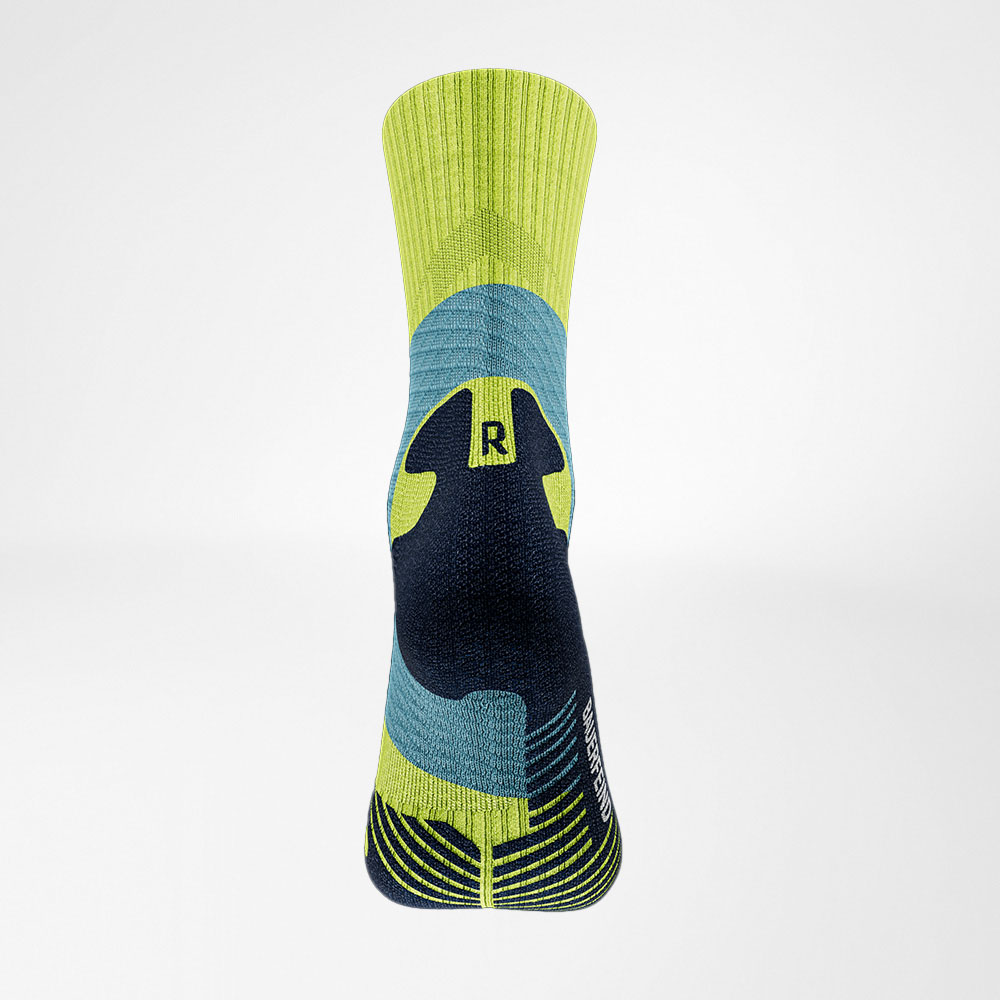 Mittellange Trailrun-Laufsocken blau-gelb Hinteransicht Rückansicht der blau-gelben mittellangen Trailrun - Laufsocken